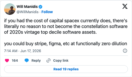 Timeline screenshot: if you had the cost of capital spacex currently does, there's literally no reason to not become the constellation software of 2020s vintage top decile softwa…
