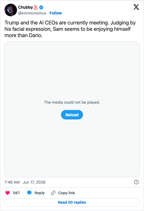 Timeline screenshot: Trump and the AI CEOs are currently meeting. Judging by his facial expression, Sam seems to be enjoying himself more than Dario.
pic.twitter.com/IsfYqJEim…