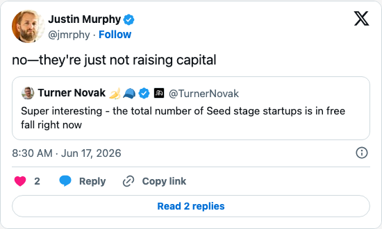 Timeline screenshot: no—they're just not raising capital https://t.co/uugz9u8cKR

[quoted @turnernovak]: Super interesting - the total number of Seed stage startups is in free fa…