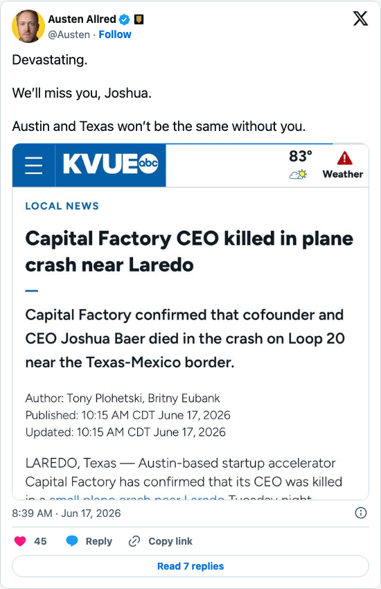 Timeline screenshot: Devastating.
We’ll miss you, Joshua.
Austin and Texas won’t be the same without you. pic.twitter.com/TjjsIGcxIE