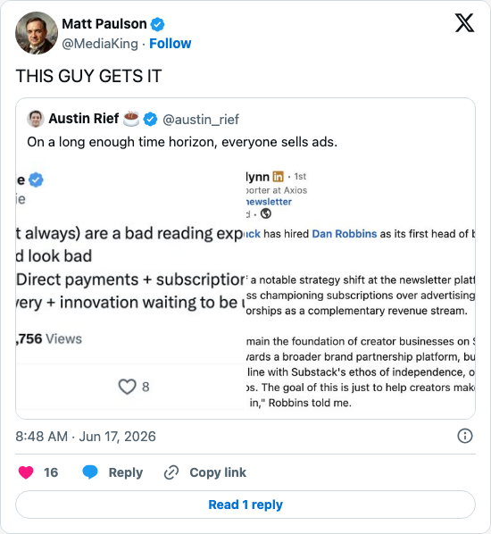 Timeline screenshot: THIS GUY GETS IT https://t.co/cB1wGRZfk2

[quoted @austin_rief]: On a long enough time horizon, everyone sells ads. pic.twitter.com/dGpCe4OJaE