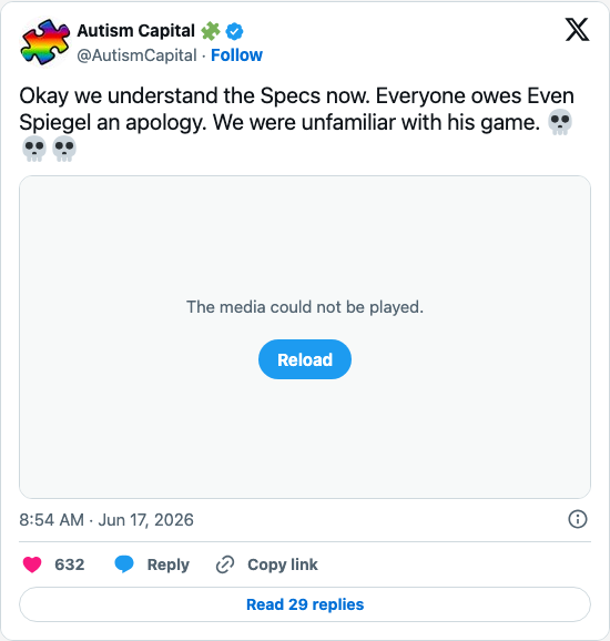 Timeline screenshot: Okay we understand the Specs now. Everyone owes Even Spiegel an apology. We were unfamiliar with his game. 💀💀💀 pic.twitter.com/Xsh1W1C3nY
[quoted @mom_a…