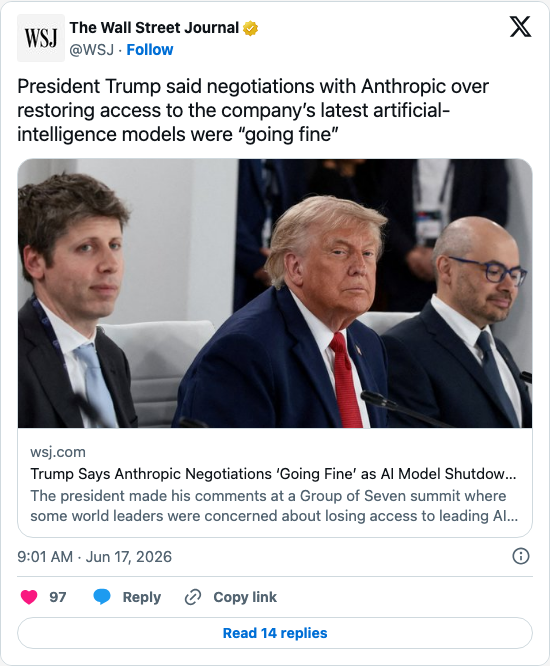 Timeline screenshot: President Trump said negotiations with Anthropic over restoring access to the company’s latest artificial-intelligence models were “going fine” https://t.co/…