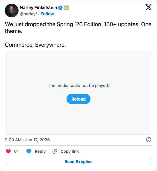 Timeline screenshot: We just dropped the Spring ’26 Edition. 150+ updates. One theme.
Commerce, Everywhere. pic.twitter.com/KhqF0ZgqPH