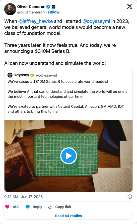 Timeline screenshot: When @jeffrey_hawke and I started @odysseyml in 2023, we believed general world models would become a new class of foundation model.
Three years later, it n…