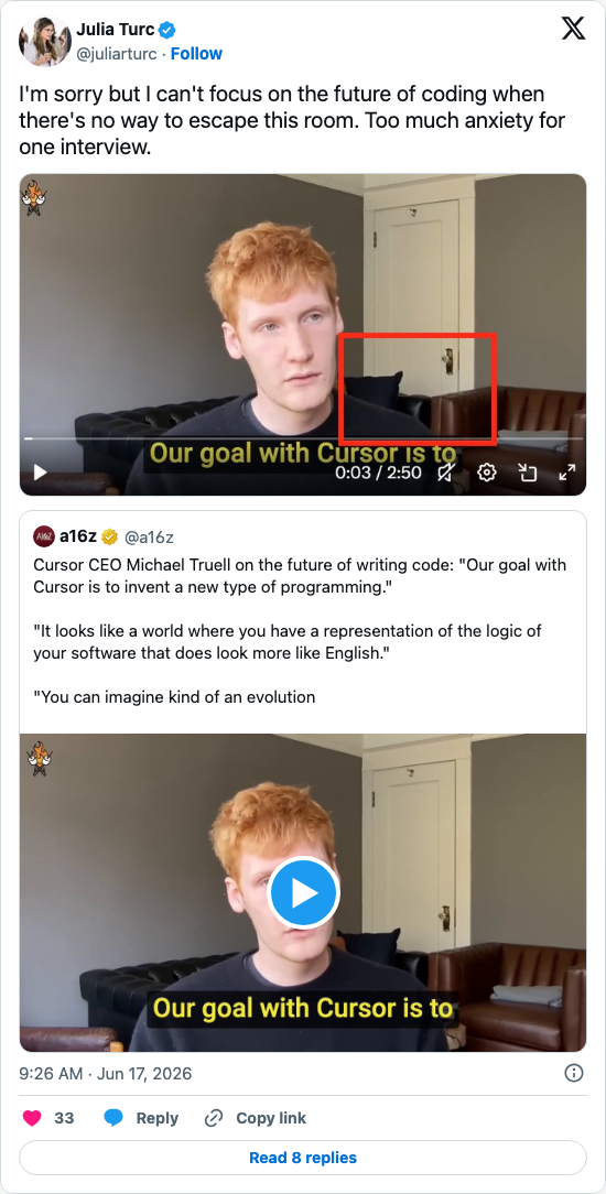 Timeline screenshot: I'm sorry but I can't focus on the future of coding when there's no way to escape this room. Too much anxiety for one interview. https://t.co/VFjcvpwOF6 pic.…